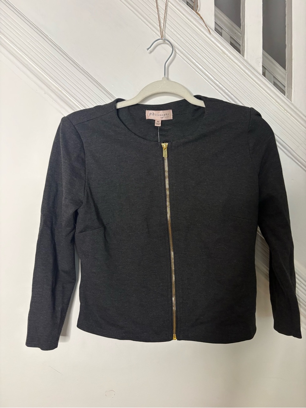 Philosophy Charcoal Zip-Front Top with Gold Hardware